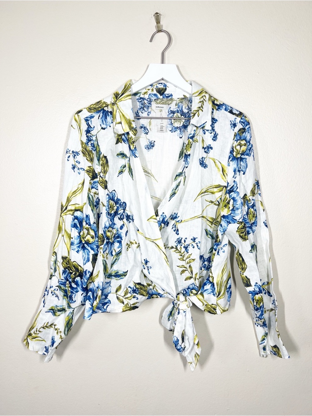 Joie Blue Floral Tie-Front Long Sleeve wrap front linen Women's Blouse Size XL